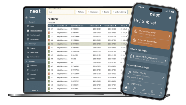 Dator som visar Nest tjänst för bokföring anpassat till en bostadsrättsförening.